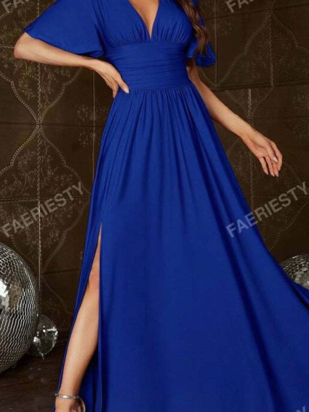 Elegant Cobalt Blue V-Neck Maxi Dress with Side Slit
